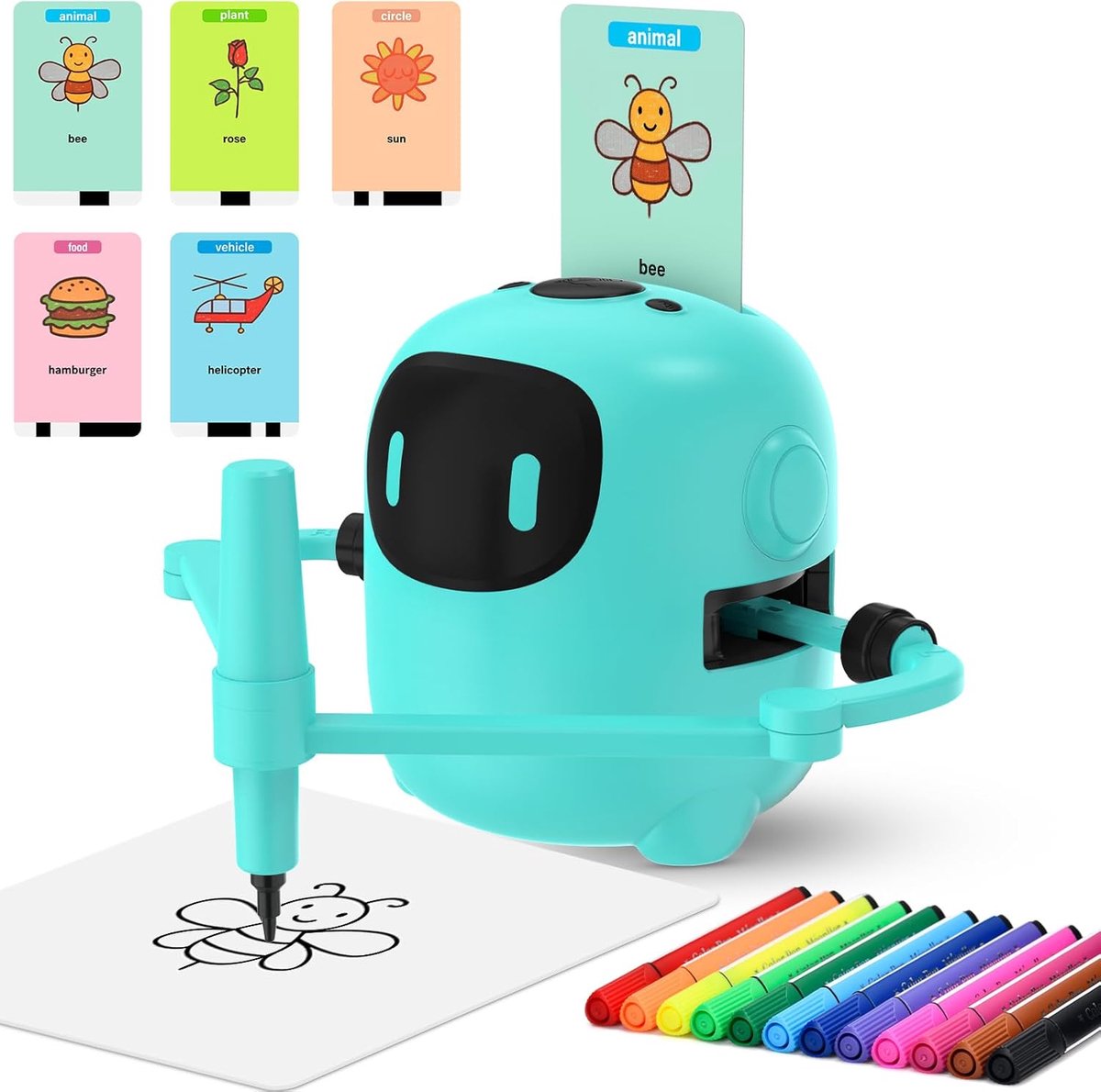 Tekenrobot voor kinderen, interactieve educatieve robot en 100 tekenkaarten, Montessori-speelgoed voor kinderen van 4-10 jaar, creatief leren en taal, oplaadbaar, ideaal als cadeau
