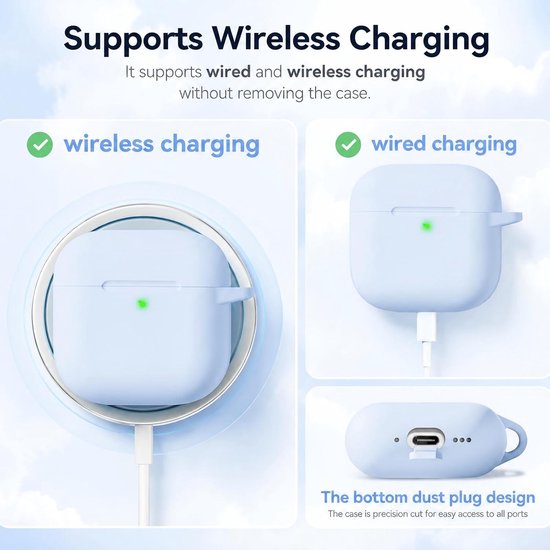 compatibel met AirPods 4 generatie hoesje 2024, zachte siliconen van militaire kwaliteit, schokabsorptie, compatibel met AirPods 4-hoesje met sleutelhanger en reinigingsset,Hemelsblauw van compatibel — afbeelding 4