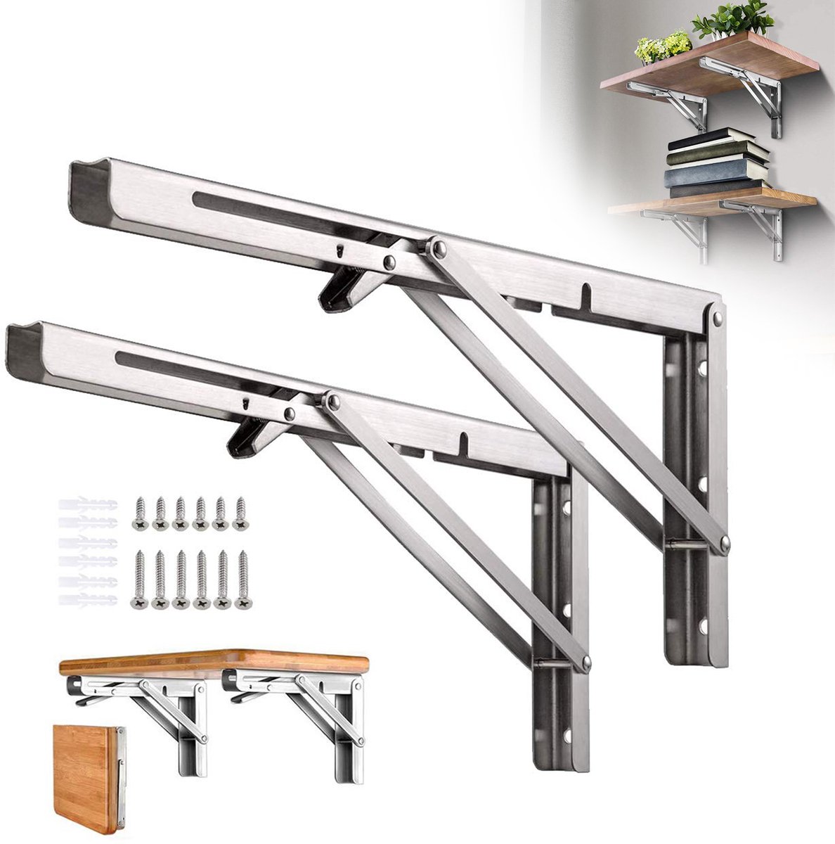 Opklapbare beugel van roestvrij staal – Set van 2 – Draagvermogen tot 150 kg – Driehoekige opbergbeugel – Draagframe voor wandplanken – Stevig en duurzaam – Geschikt voor opklapbare planken en tafels – 300 x 157 x 25 mm – Roestvrij staal