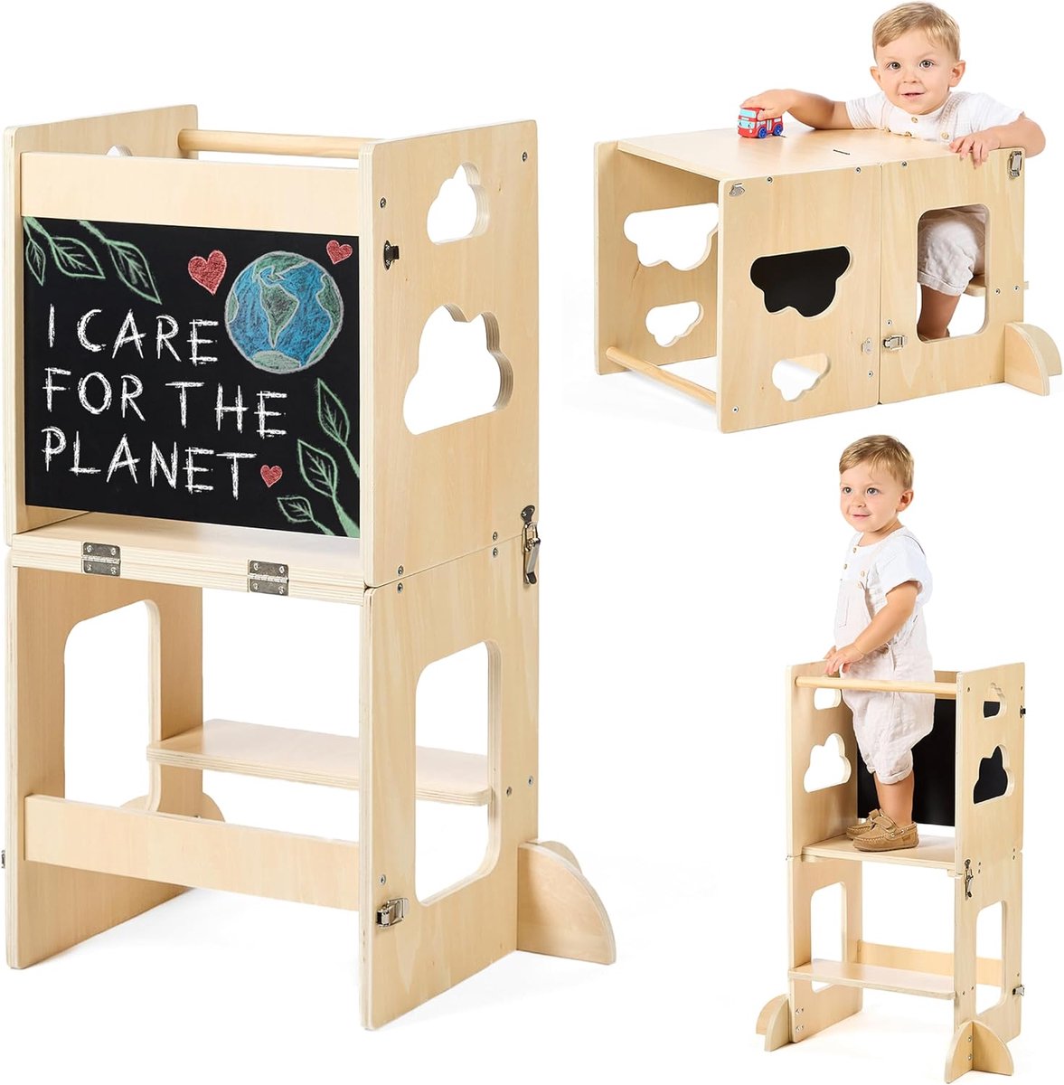 tower foldable – Toddler kitchen stool Montessori 3 in 1 Premium: foldable learning tower convertible into desk with chalkboard, FSC wood, sustainable company with reforestation