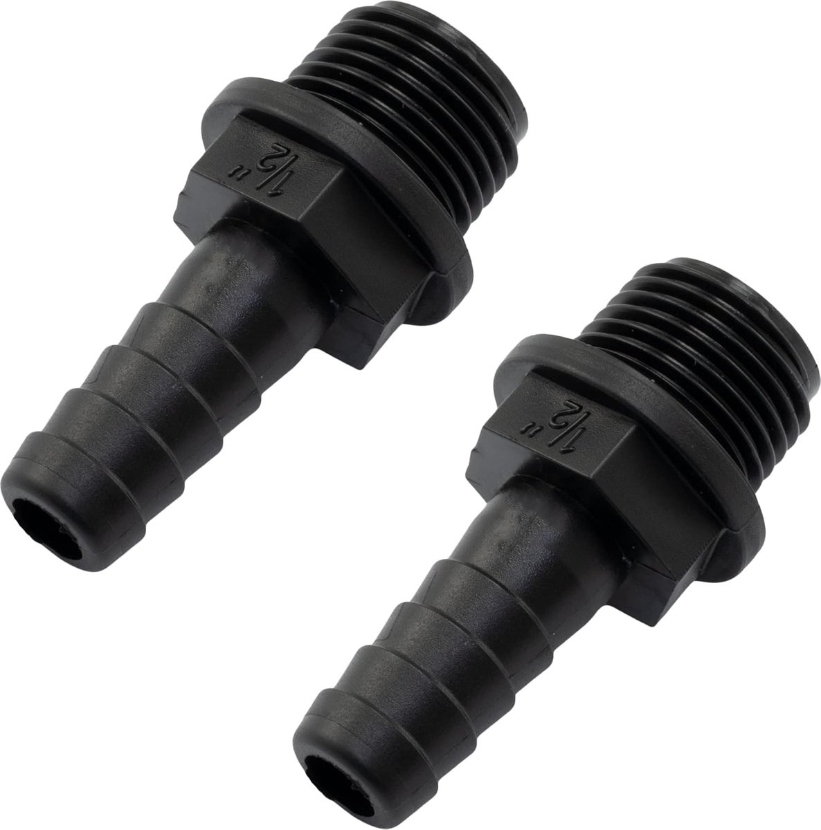 C63570 - Set met 2 rechte mannelijke verbindingsstukken, recht, 1/2 inch x 13 mm, buitendraad, adapter, verbindingssysteem, irrigatiecirkel, pomp, van kunststof, zwart