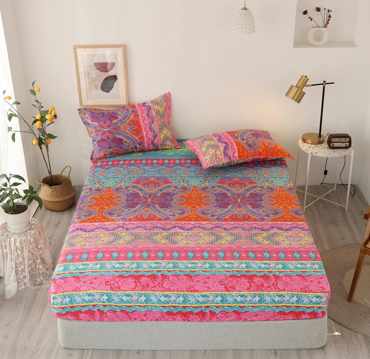 Hoeslaken, bohemian, 140 x 200 cm, Indiaas mandala-patroon, hoeslaken, zachte microvezel, geschikt voor matrassen van 30 cm