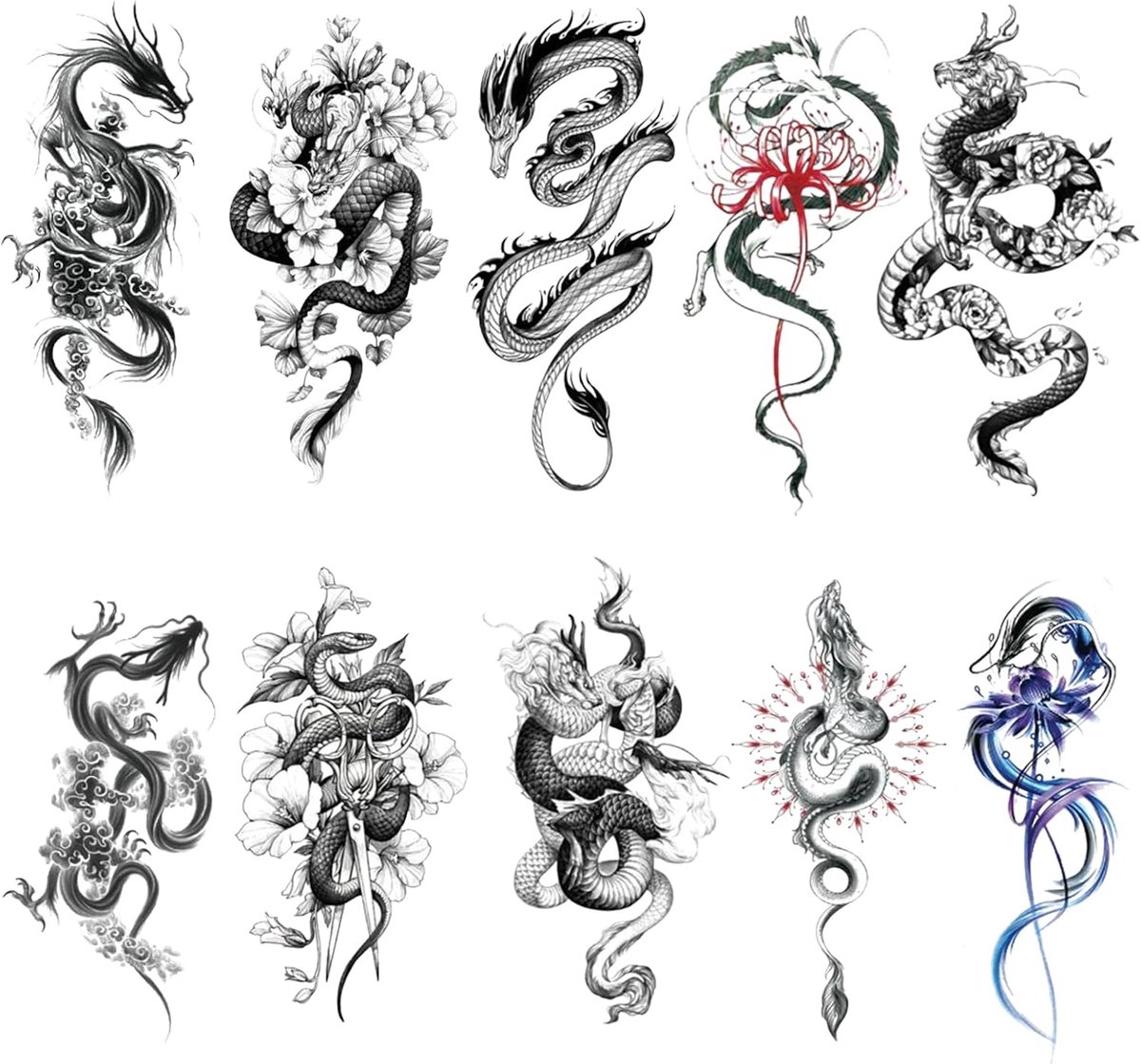 Tijdelijke Draken Tatoeages, Zwarte Draak Tatoeages, Black Dragon Tattoos Volwassen, Mannen Tattoos Dragon, voor Halloween, Cosplay, Feest, Pasen, muziekfestivals, Langdurig, 21*11cm