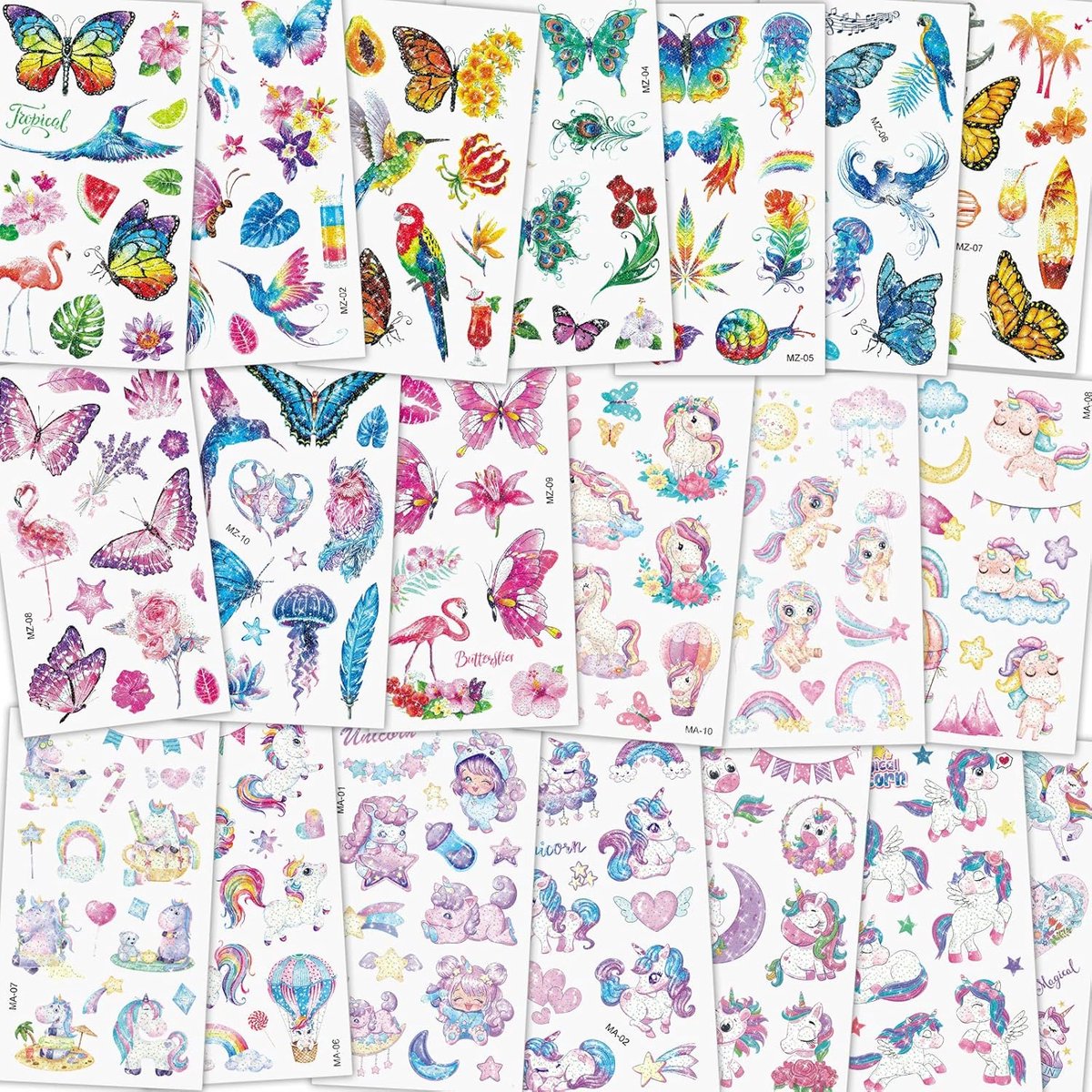 Tijdelijke Tatoeages voor Kinderen, 20 Stuks Eenhoorn + Vlinder Glitter Tatoeages voor Kinderen, Waterdichte Verwijderbare Cartoon Tatoeages Stickers voor Verjaardag, Cadeaus, Feestartikelen