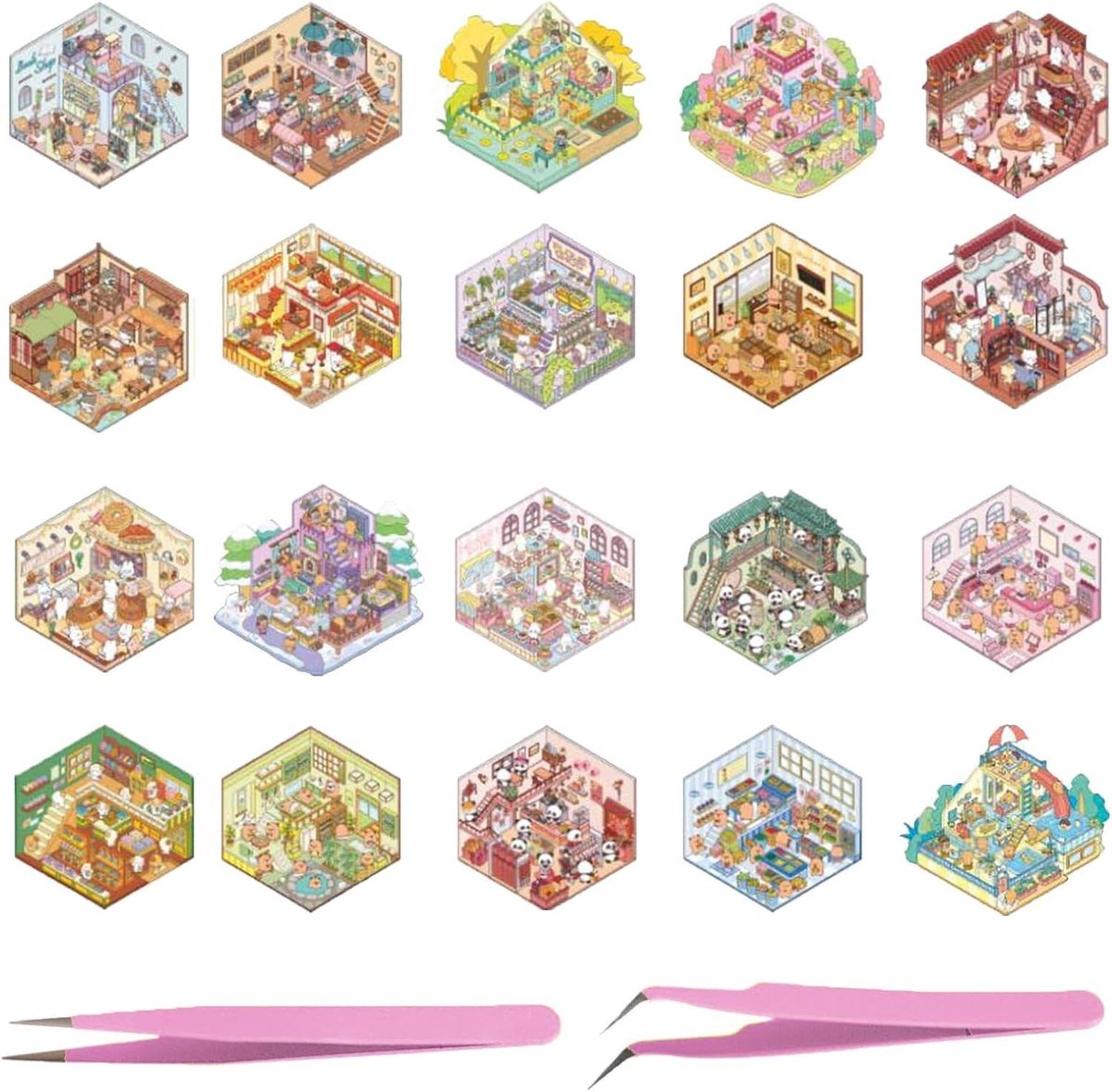 Set van 20 3D Stickers voor Thuisdecoratie - Miniatuur Scènes met Café, Boekwinkel en Restaurant, Creatieve Geschenken voor Modelbouw en Versiering