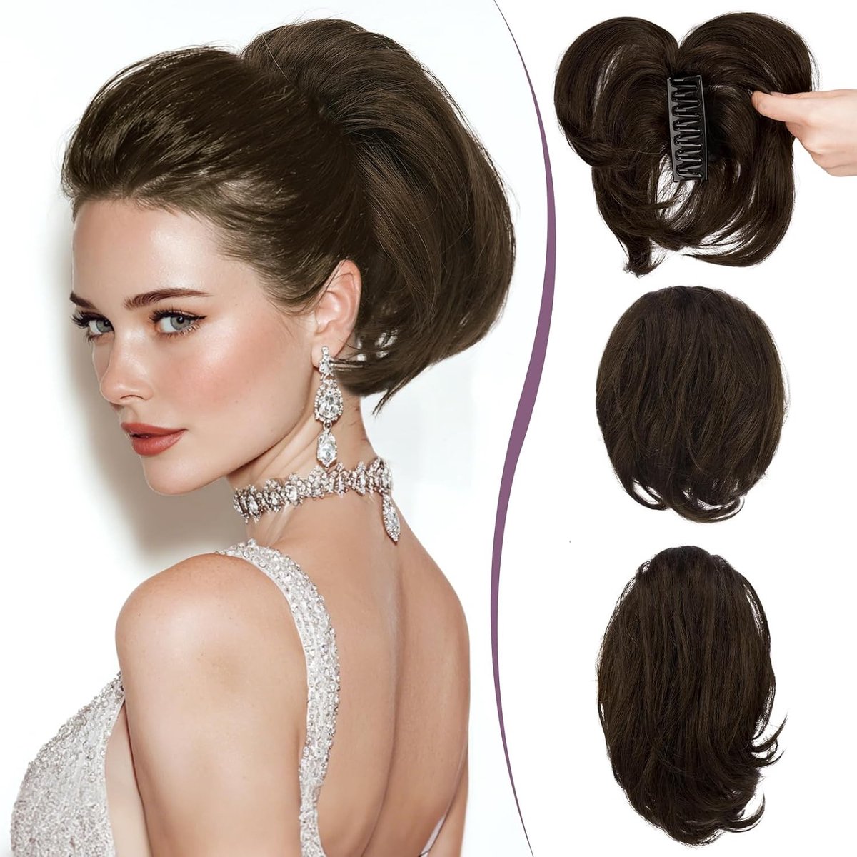 Korte Ponytail van Menselijk Haar 23cm met Buigbare Clip voor DIY Stijlen, Rommelige Bun en Vol Haar voor Vrouwen, Donkerbruin met 15% Donker Karamelblond