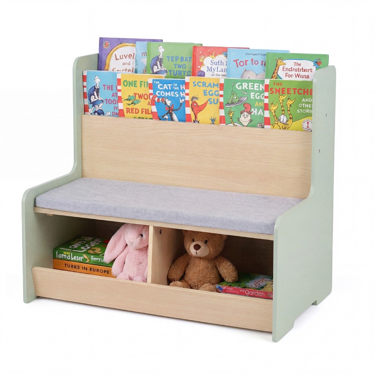 SureDeal® - Kinderplank - Kinderstoel - Kinderen Kikkervormig - Boekenplank Opbergvakken - Wasbaar Kussen Houten - 80x48x74,5 cm - Groen