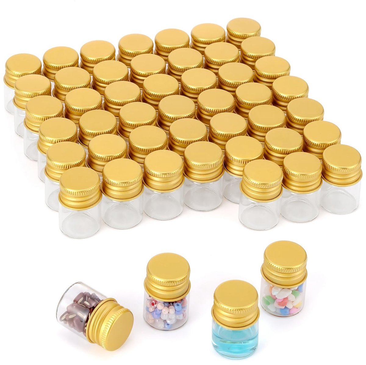 49 Mini Glazen Flessen - 5ml met Schroefdeksels - Gouden Deksel