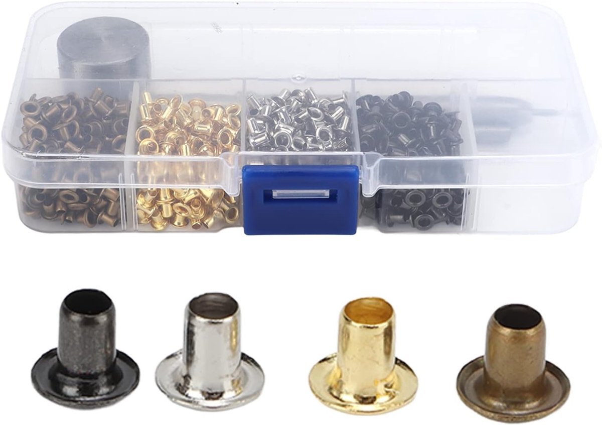 Metalen Doorvoertules voor Schoenvetersreparatie - 200 Stuks in Goud, Zilver, Brons en Gunmetal met Installatietool en Opbergdoos voor Eenvoudige Organisatie en Creatieve DIY Projecten
