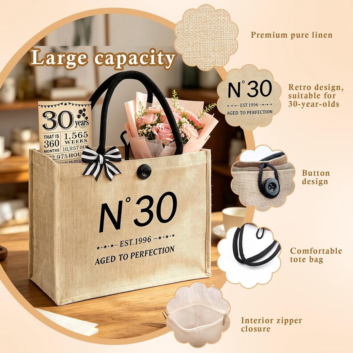 Verjaardagscadeaus voor Vrouwen - Vintage Jute Tote Bag met Groetkaarten, Sleutelhanger en Spiegel, Perfect voor 30ste Verjaardag