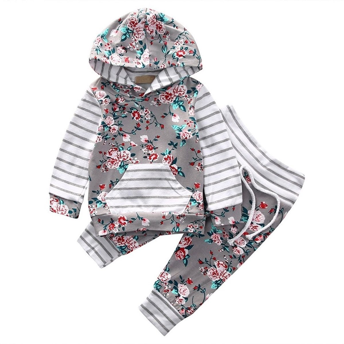 Baby Meisjes Outfit Set - Gestreepte Bloemen Hoodie met Lange Broek (3-6 Maanden)
