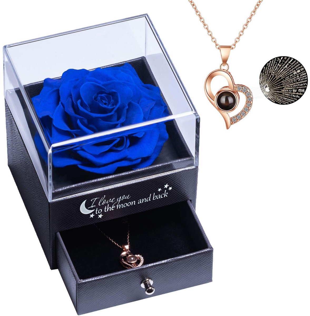 Echte Roos met I Love You Ketting - Geschenkdoos in 100 Talen