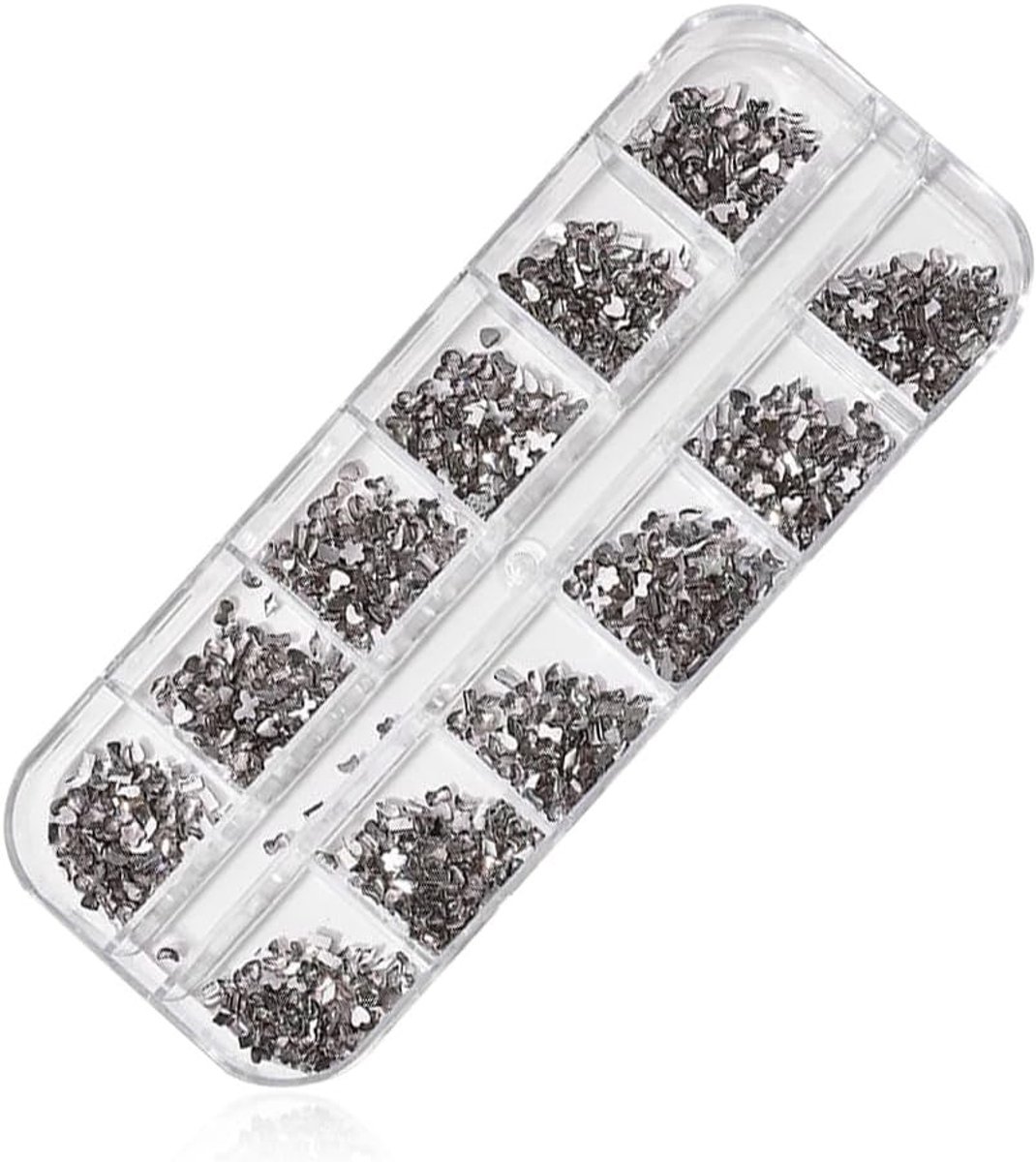 Rhinestone nag versieringen box met 12 glitter flat embellishments voor make-up, bruiloft en kostuum decoratie, perfect voor creatieve projecten.