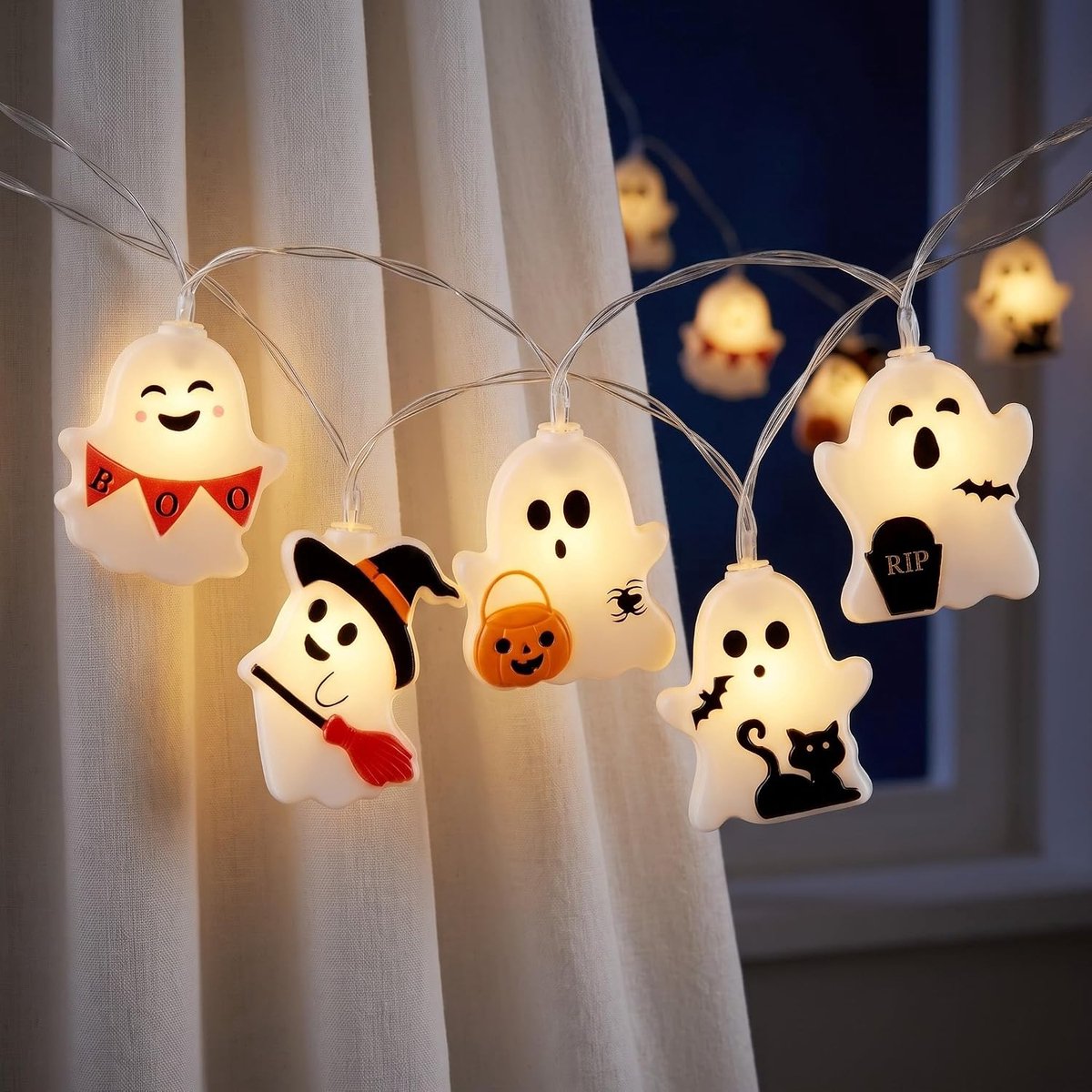 KZQ Halloween lichtslinger 6 meter met 40 ledlampjes, batterijgevoed, zonder batterijen, spookvormig voor binnen en buiten