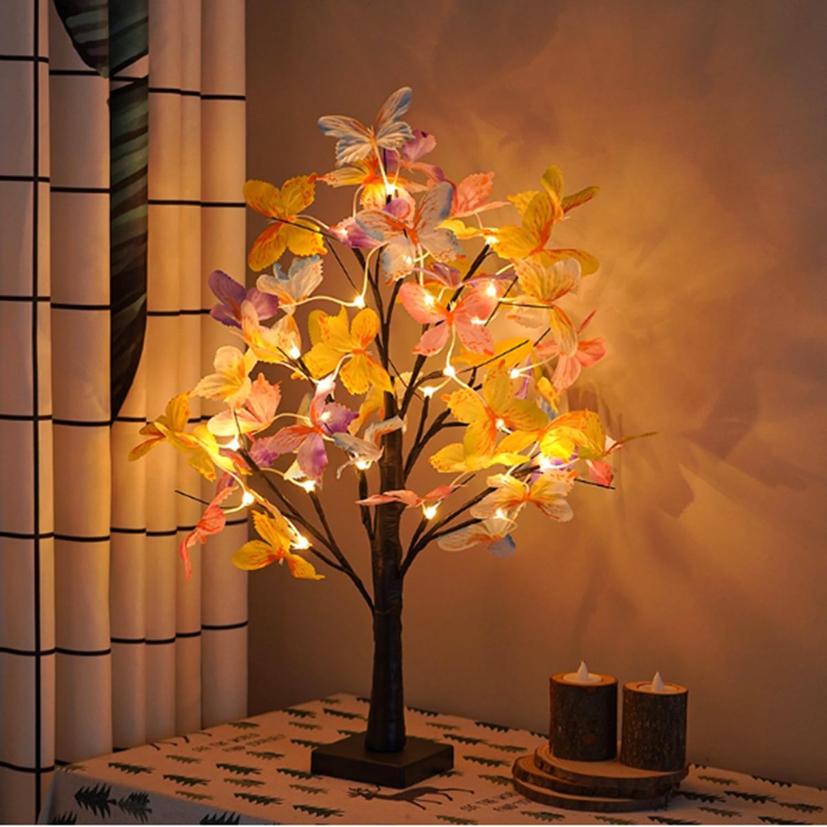 Herfst Decoratie - LED Kunst Berkenboom met Vlinders - Tafeldecoratie - Tafeldecoratie met Twinkelende LED's - USB of Batterij - 60 cm - Zwart