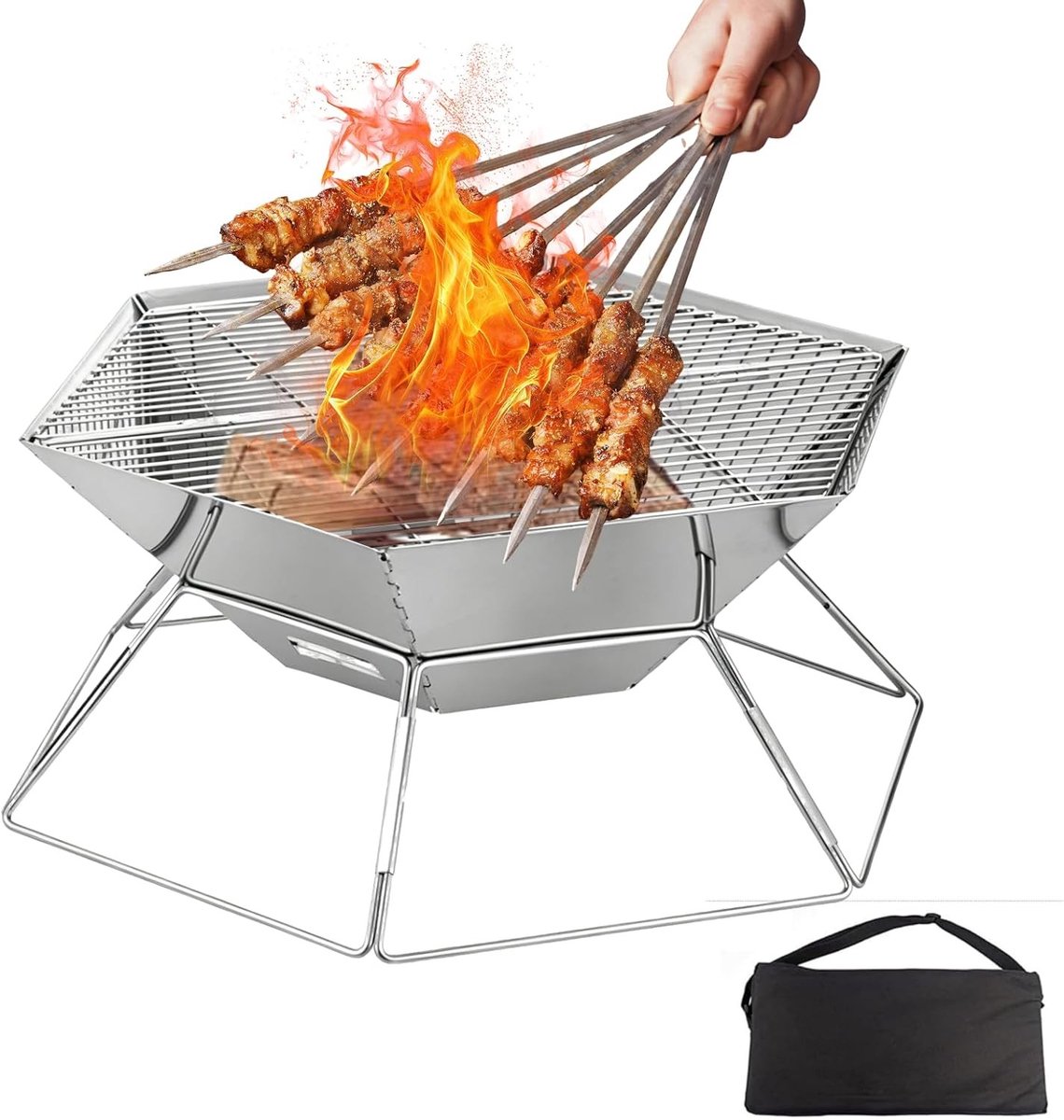 Draagbare vuurschaal van roestvrij staal, opvouwbaar met grillrooster voor buitengebruik en kamperen