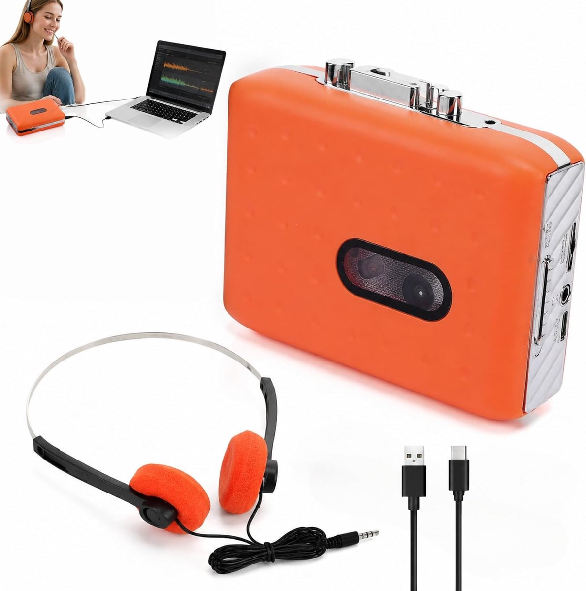 Draagbare Cassette Speler met USB naar MP3 Converter, Microfoon Recorder en Koptelefoon Aansluiting, Oranje - Ideaal voor Muziek en Opnames