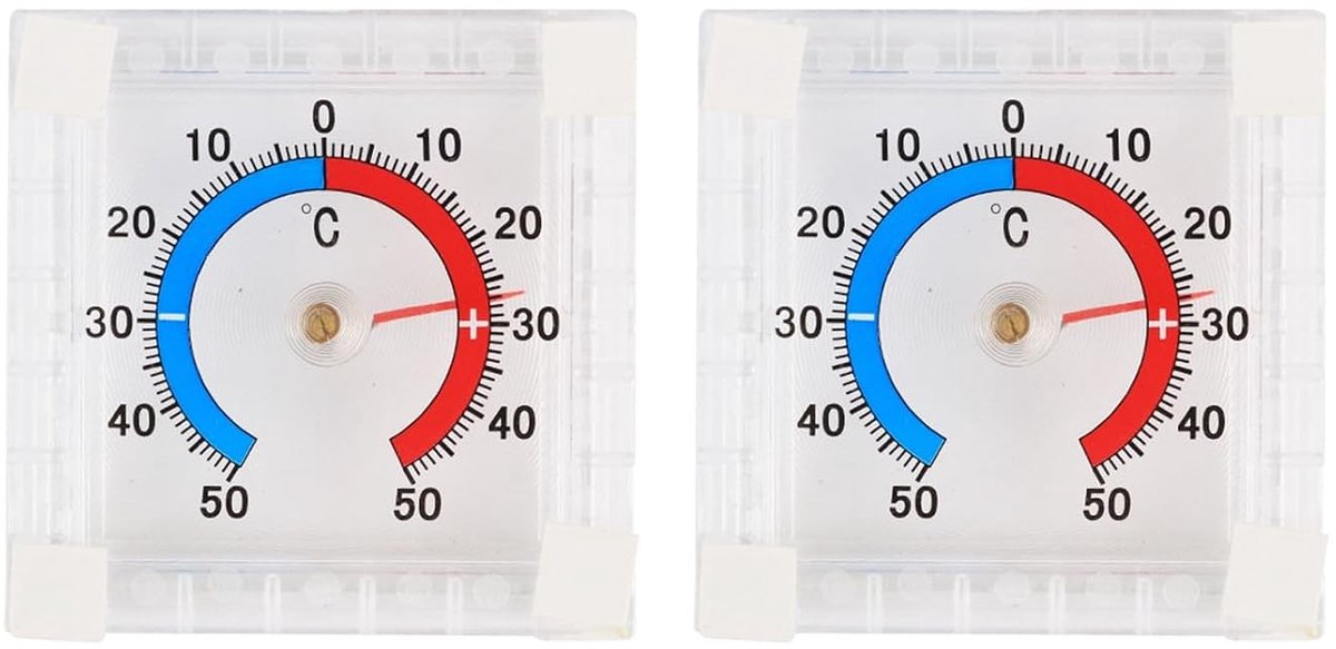 Analoge thermometer voor binnen en buiten, zelfklevend, transparant, meetbereik -50°C tot +50°C, twee-kleurig ontwerp