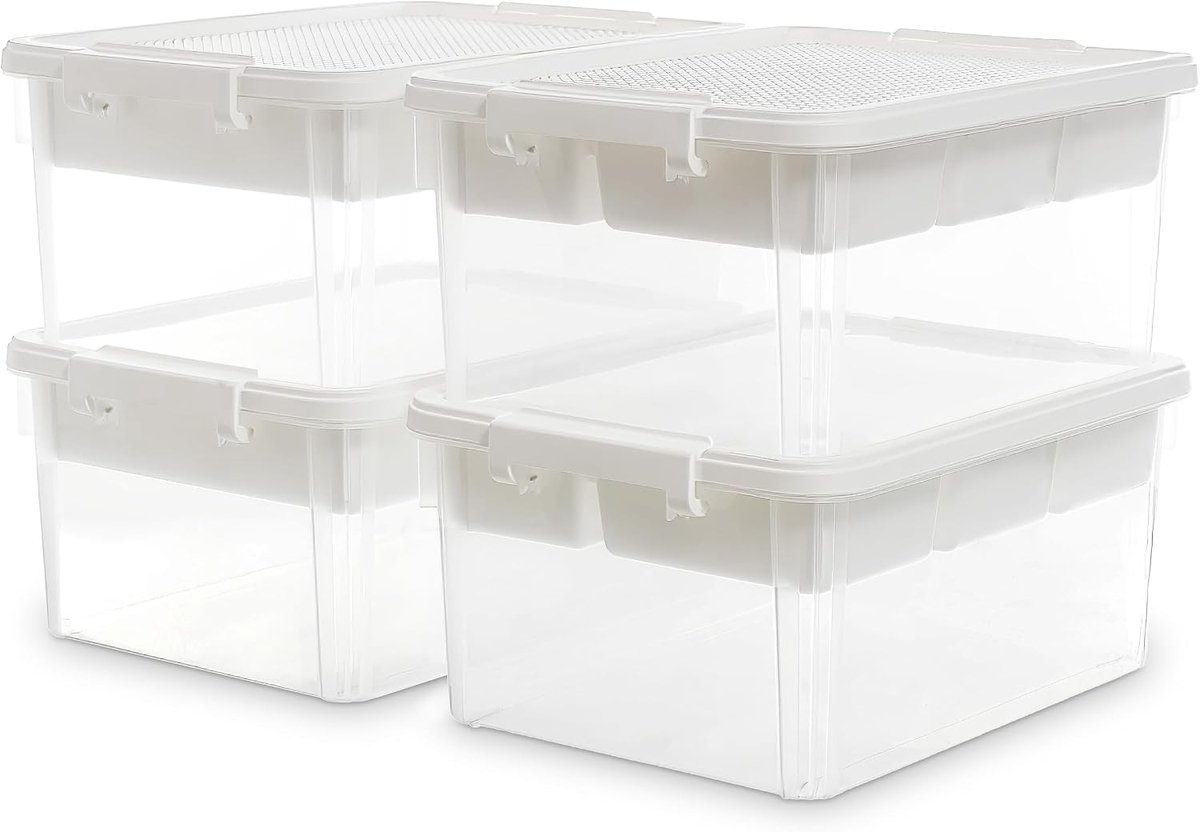 Opslagdozen 16L met Deksel, Plastic Organiser met Verwijderbare Bak, Transparante Opbergdozen voor Gereedschap en Knutselbenodigdheden, Set van 4 Stuks