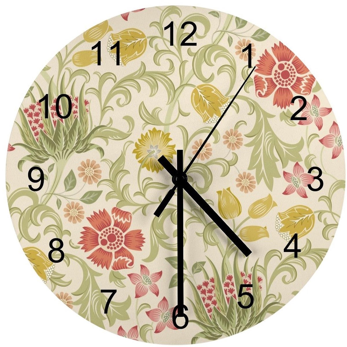 Retro wandklok met bloemenmotief - Stille houten klok 30 cm