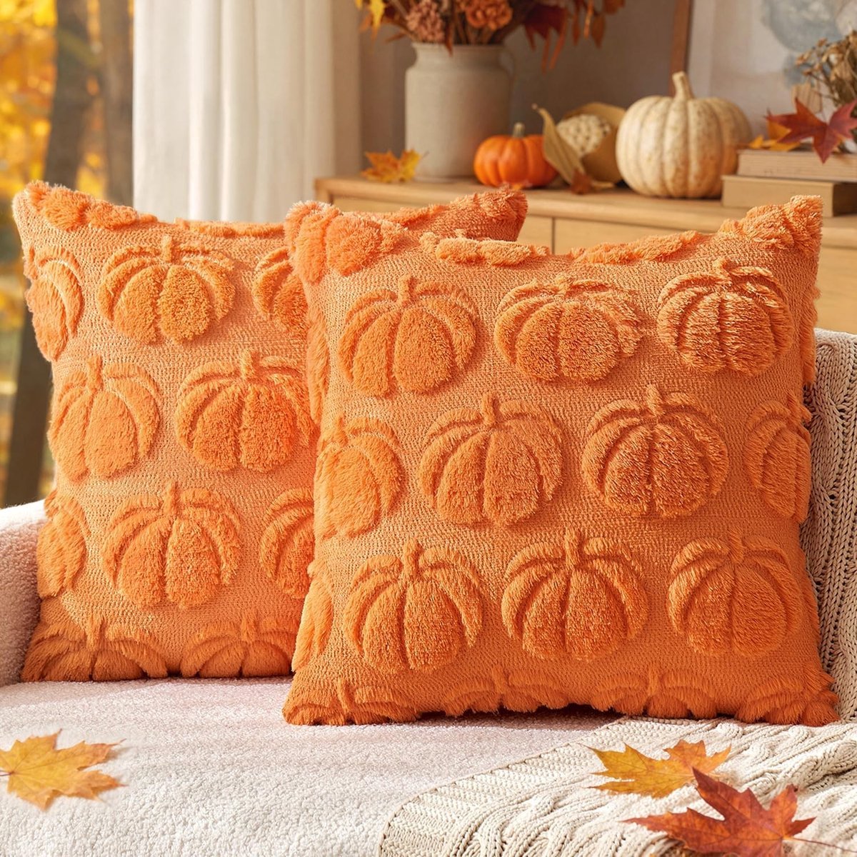 2-Pack Neppelen Wollen Kussenhoezen met Herfst Pompoenpatroon voor Slaapkamer - Oranje 45 x 45 cm, Decoratieve Kussens voor Thuis
