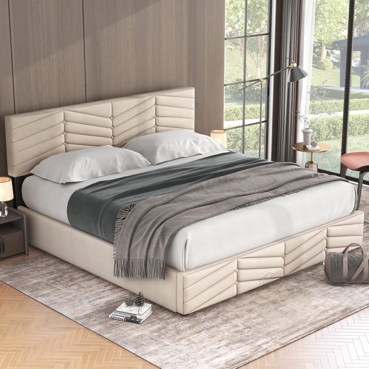 Geüpholsterd Bed - Hoogte verstelbare hoofdbord - 180 x 200 cm - Beige