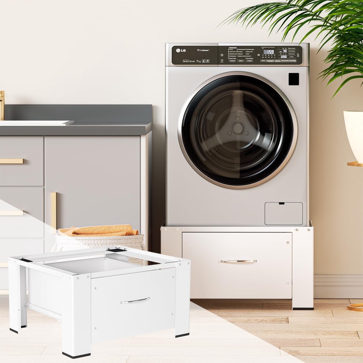 Wasmachine Basis met Lade - Geluidsreducerende Rubber Pad - 62 x 54 x 32 cm - Wit