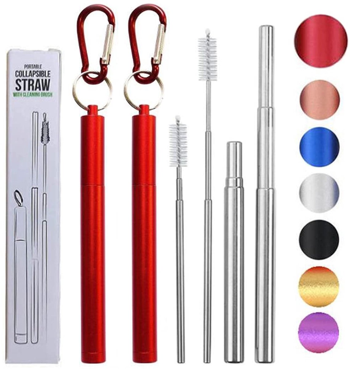 Herbruikbare Vouwbare Str straw - Inclusief Borstel en Karabijnhaak - Rood