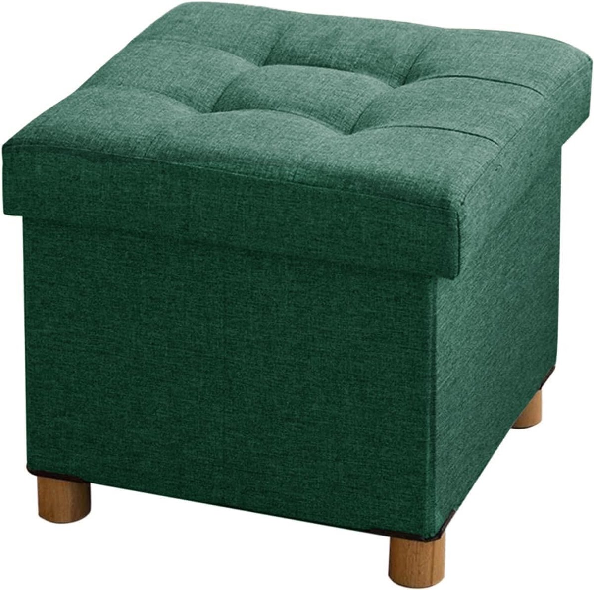 Stijlvolle Opbergpoef met Houten Poten en Deksel, 38 x 38 x 38 cm, Donkergroen, Perfect voor Woonkamer en Slaapkamer