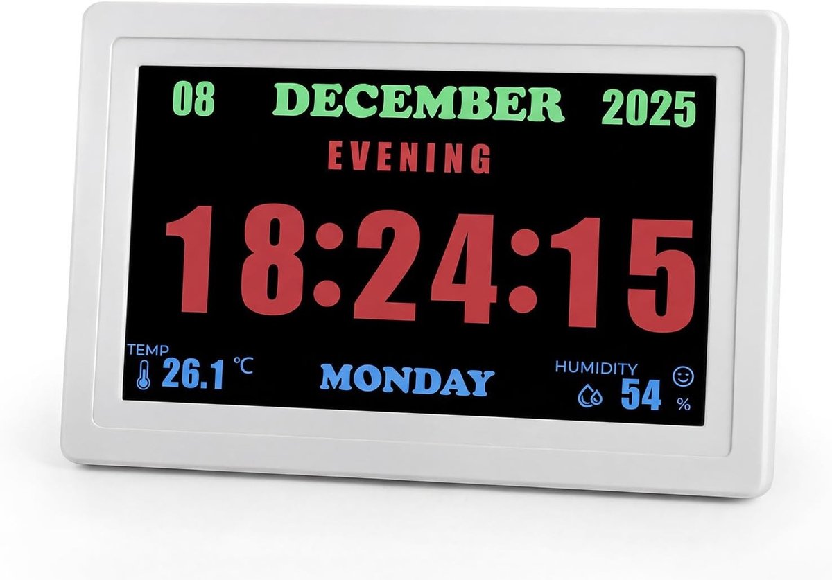 Digitale Dementie Klok voor Senioren met Groot Letterdisplay, Tijd, Datum, Temperatuur, 5 Alarmen en 10 Herinneringen, Automatische Dimming, Wit en Gebruiksvriendelijk