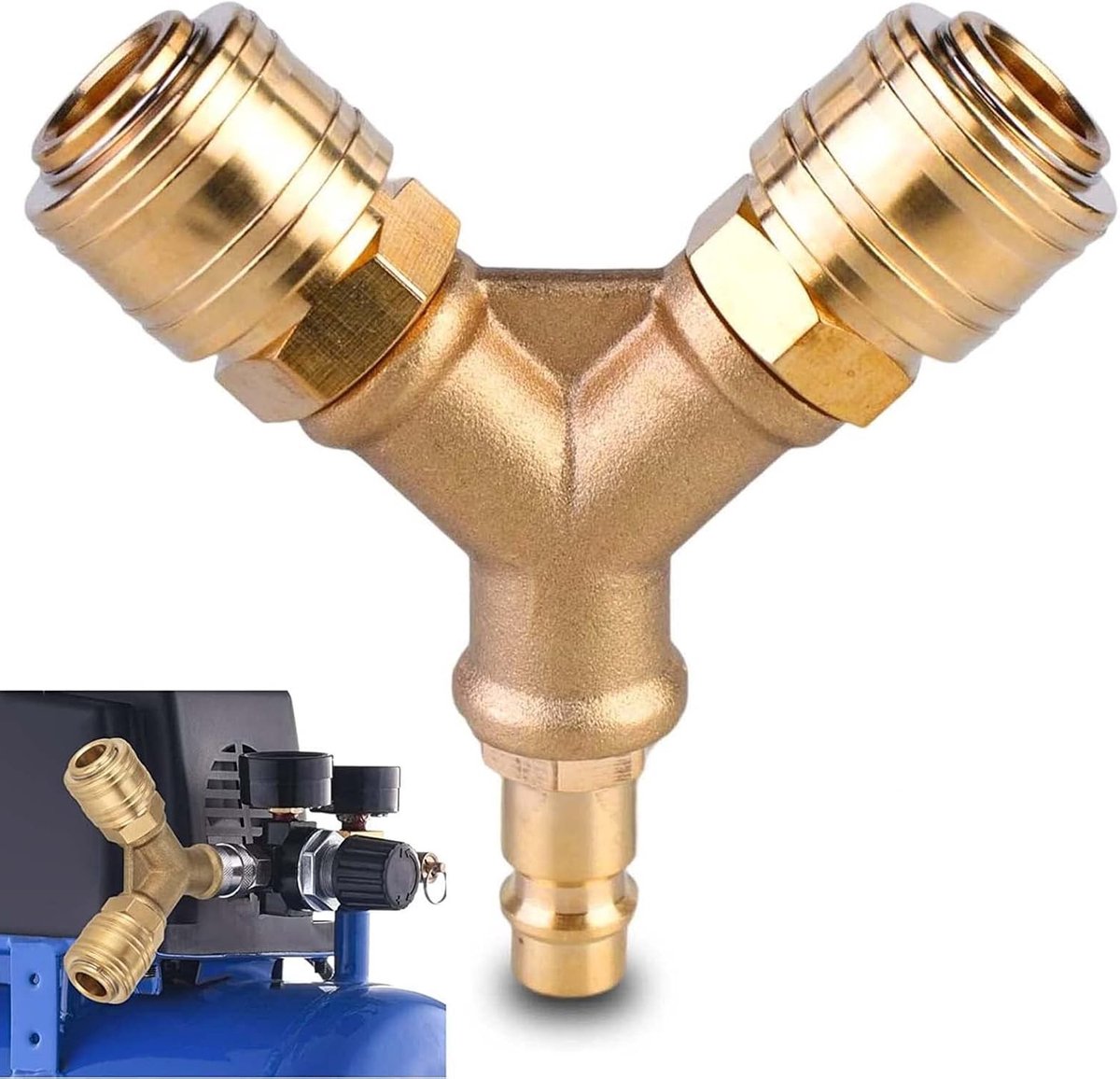 2-voudige Luchtverdeeldoos met Y-verdeler, 1/4 Inch Aansluiting, Geschikt voor Compressoren en Slangen, Inclusief Koppelingen en Klemmen