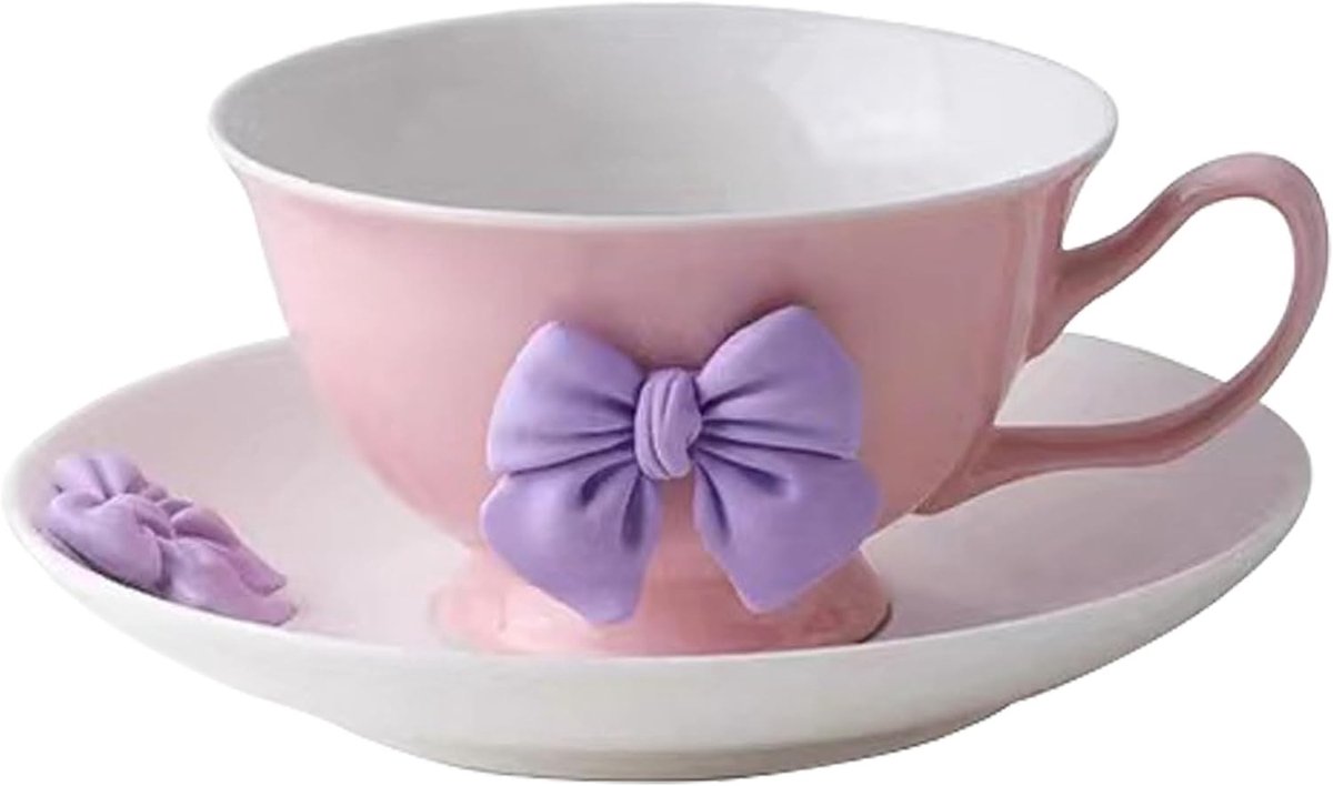 Set van 200ml Porseleinen Koffiekopjes met Schotels - Roze en Paarse Theekopjes met Strik - Schattige Keramische Mokken voor Koffie en Thee