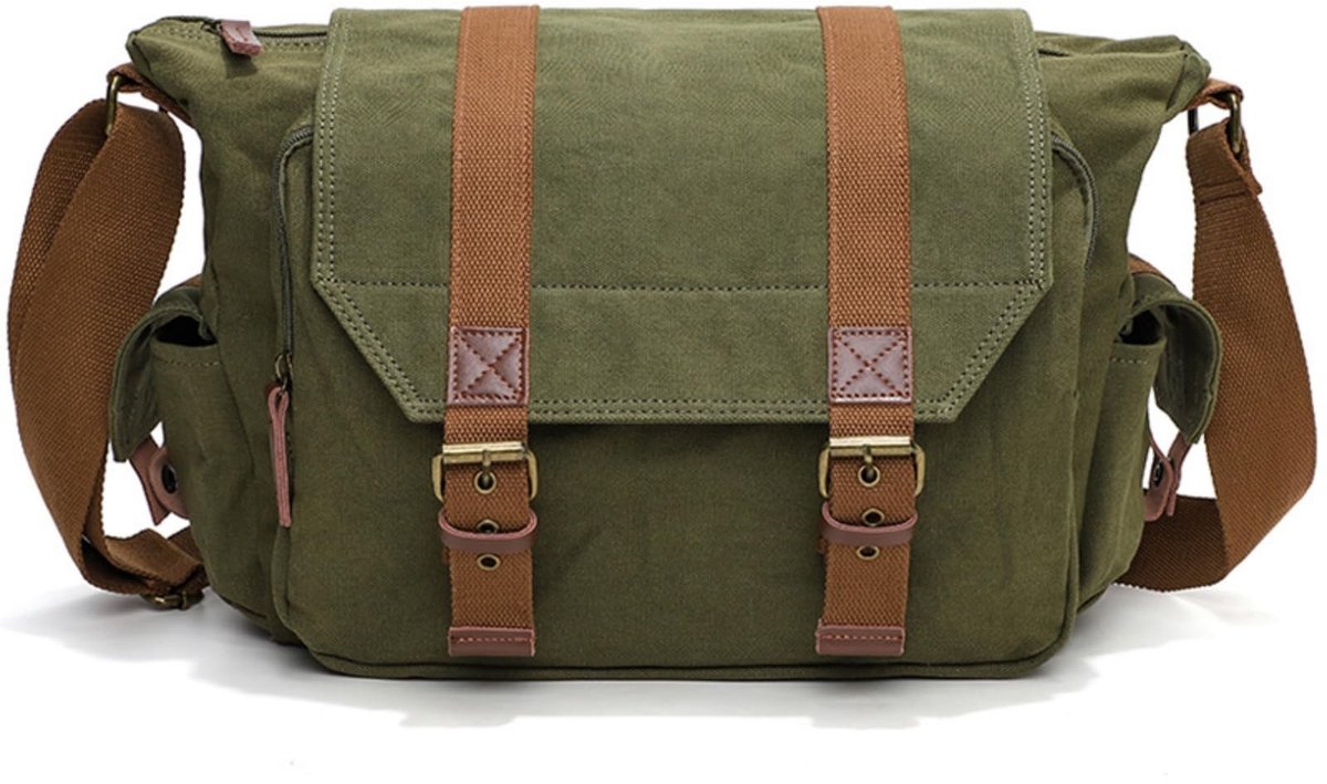 Vintage Canvas Fototas voor Camera en 13" Laptop - Olijfgroen