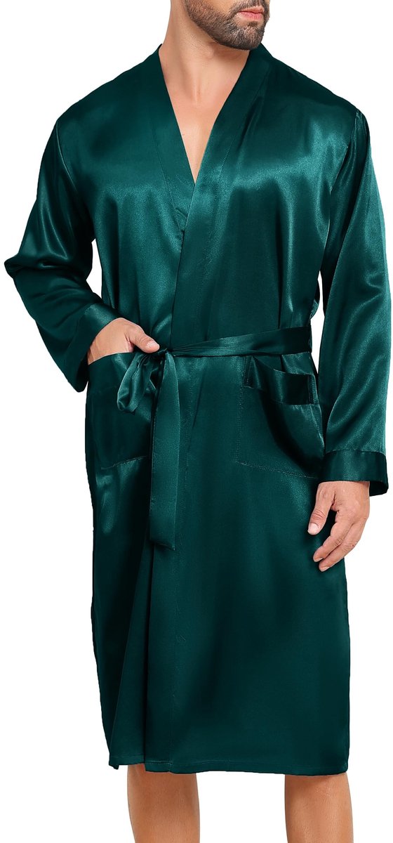 Luxe Satin Badjas voor Mannen - V-hals met Twee Zakjes - Groene Kleur