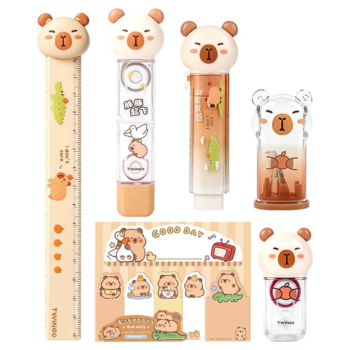 Schrijfcadeauset met Capybara Ontwerp - Ruler, Correctietape, Notitieboekje, Gum en Meer