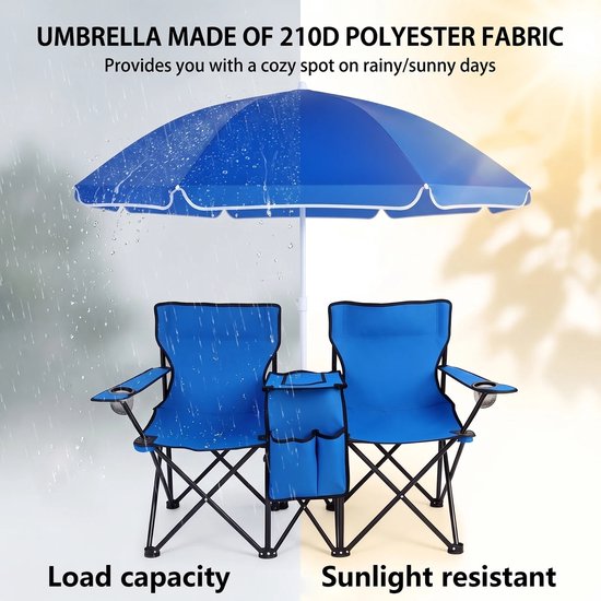 VILIMA - Opvouwbare campingstoel - Opvouwbare kampeerstoelen - Visstoelen - 2 stuks - Incl. parasol en opbergtas - 2 bekerhouders - Waterdicht - Blauw — afbeelding 4