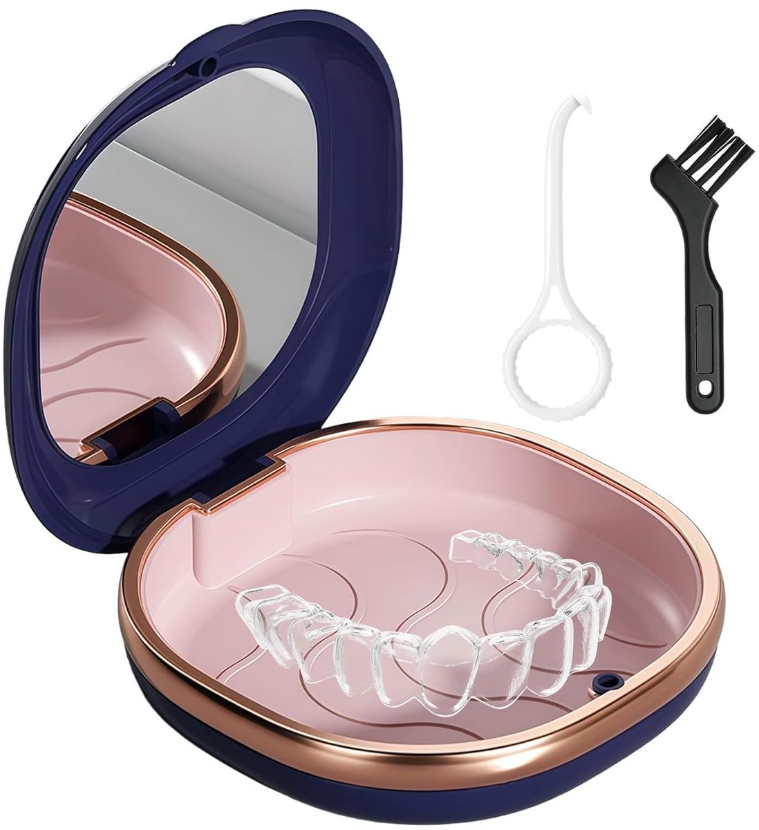 Praktische opbergdoos voor tandbeugels met spiegel, verwijdertool en borstel, ideaal voor orthodontie en tandheelkunde