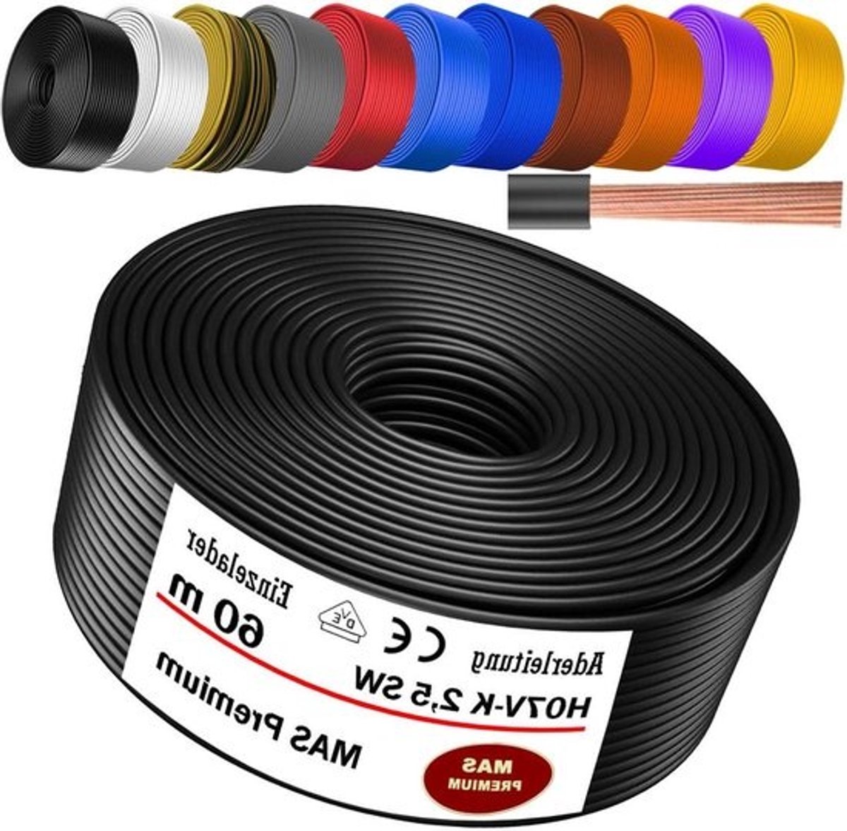 Aderleiding H07 V-K - Flexibele kabel Enkele ader - Elektrische installaties - Meerdere fijne koperdraden - 60 meter - Zwart