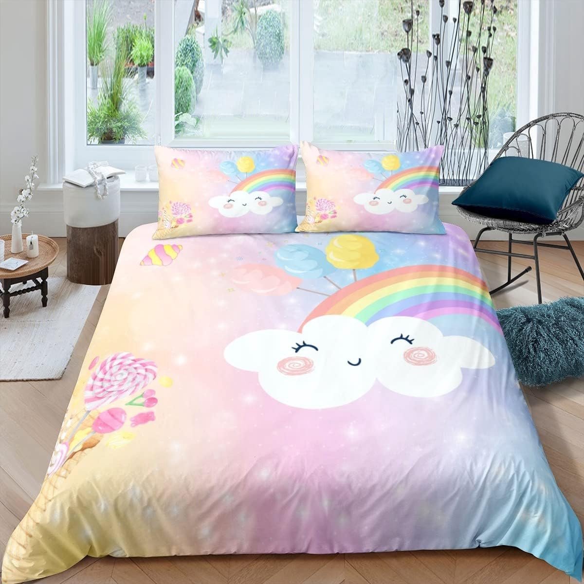 Kawaii beddengoed set voor kinderen met regenboog en wolken, kleurrijke katoenen dekbedset met 2 kussenslopen, vrolijke slaapkamer decoratie voor jongens en meisjes, kingsize maat