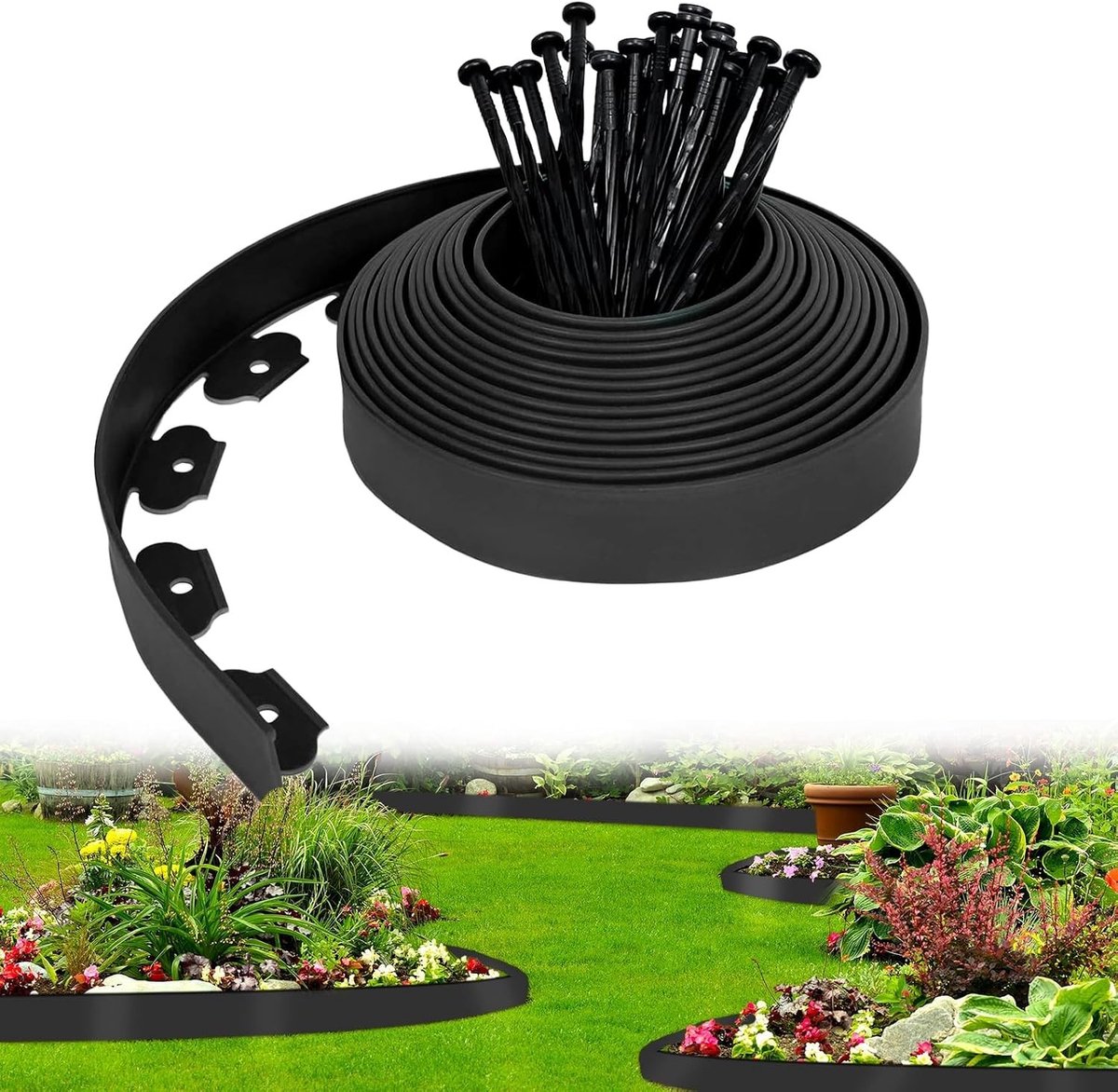 Flexibele Plastic Tuinrand, 5 m x 5 cm, Inclusief 15 Haringen, Zwart - Ideaal voor Tuinontwerp en Landschapsarchitectuur