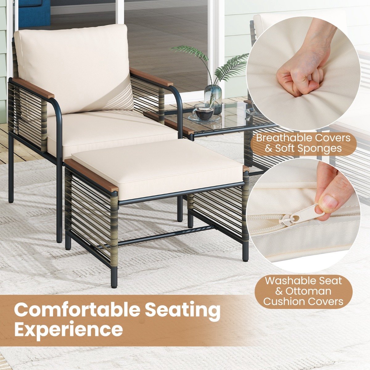 SureDeal® - Tuinmeubel - Delige Buitenmeubelset - Kussens rotan Stoelen - Terras - Voetenbankjes - Salontafel Gehard Glas - 45x63x39 cm - Beige