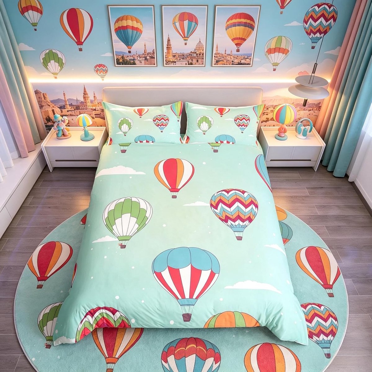 Kleurvolle dekbedovertrek met luchtballonnen, 3-delig set voor volwassenen en tieners, ademend en decoratief, inclusief 2 kussenslopen
