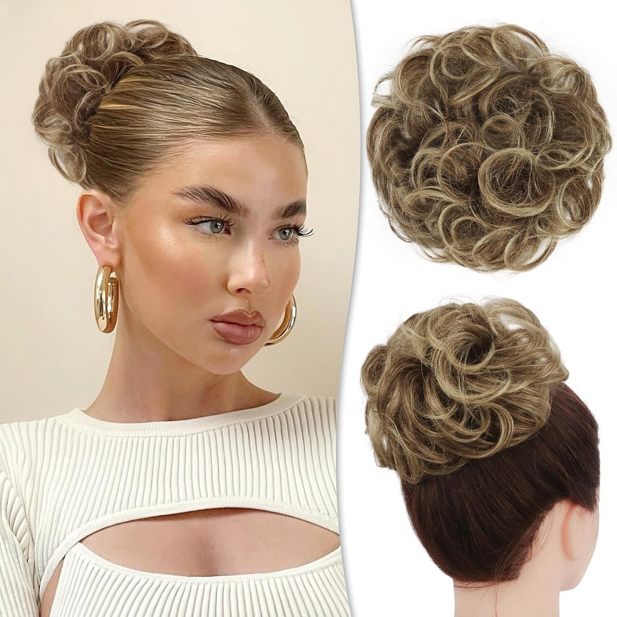 Sloppy Haarstuk 100% Echte Mensenhaar Roze Bun voor Dames, Krullend Haarstuk, Scrunchies en Updo Haarextensions (Blond Gemengd Lichtblond)