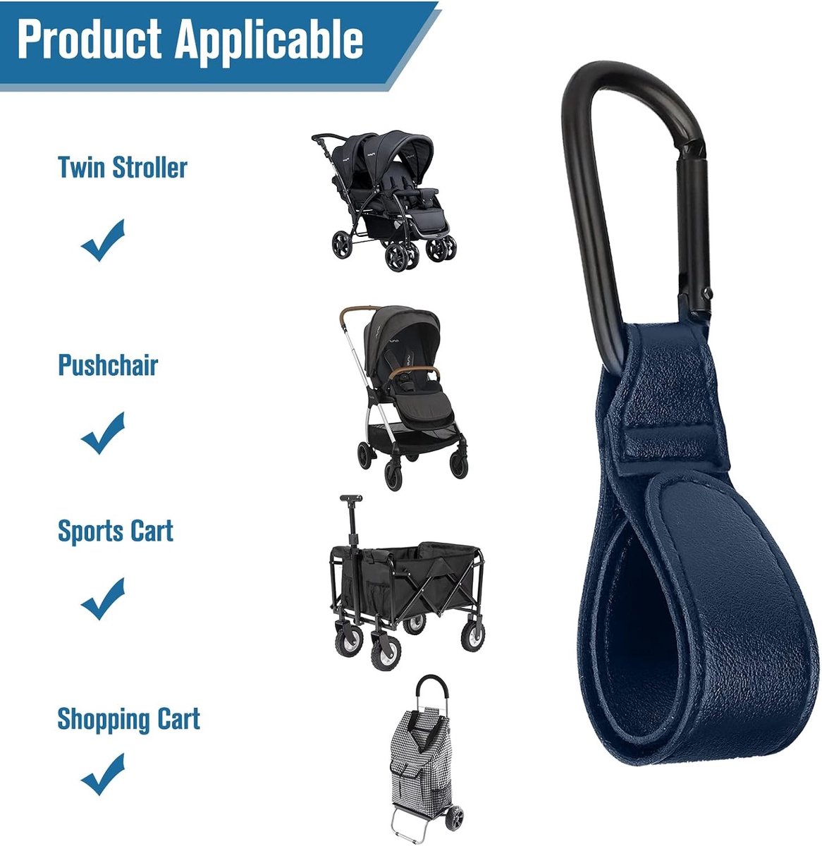 Pram Haak Clips - 2 Stuks Buggy Klemmen voor Tassen, Rugzakken en Accessoires, Blauw Metaal en PU