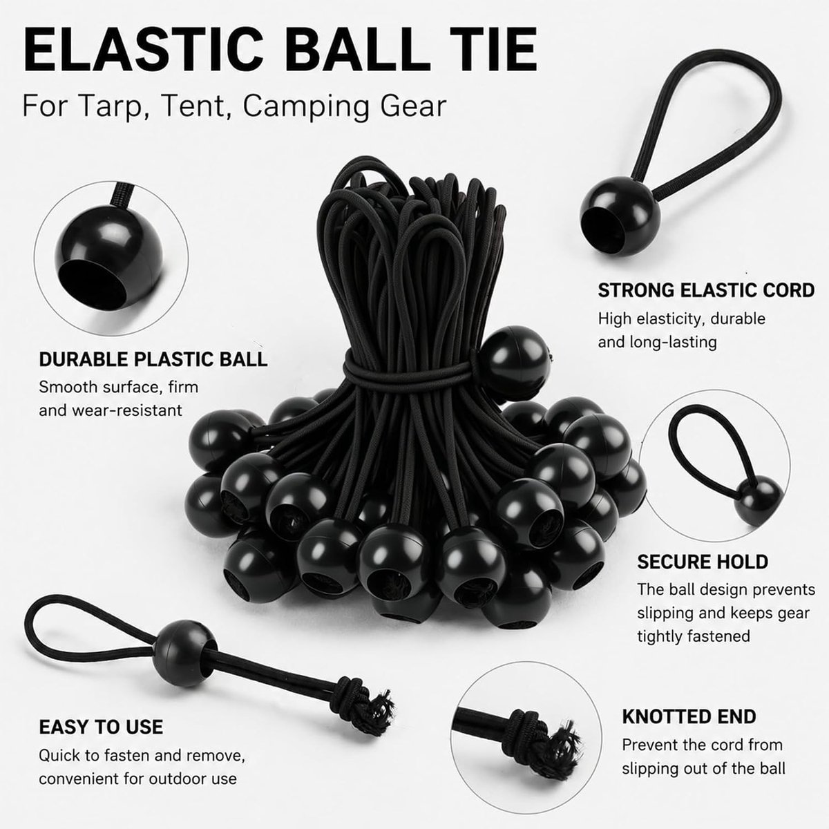 50 Stuks Elastische Spangums Kugel 15cm voor Tent en Camping, Ideaal voor Planen en Gummispanners, Uitbreidbare Bevestigingsoplossingen in Zwart
