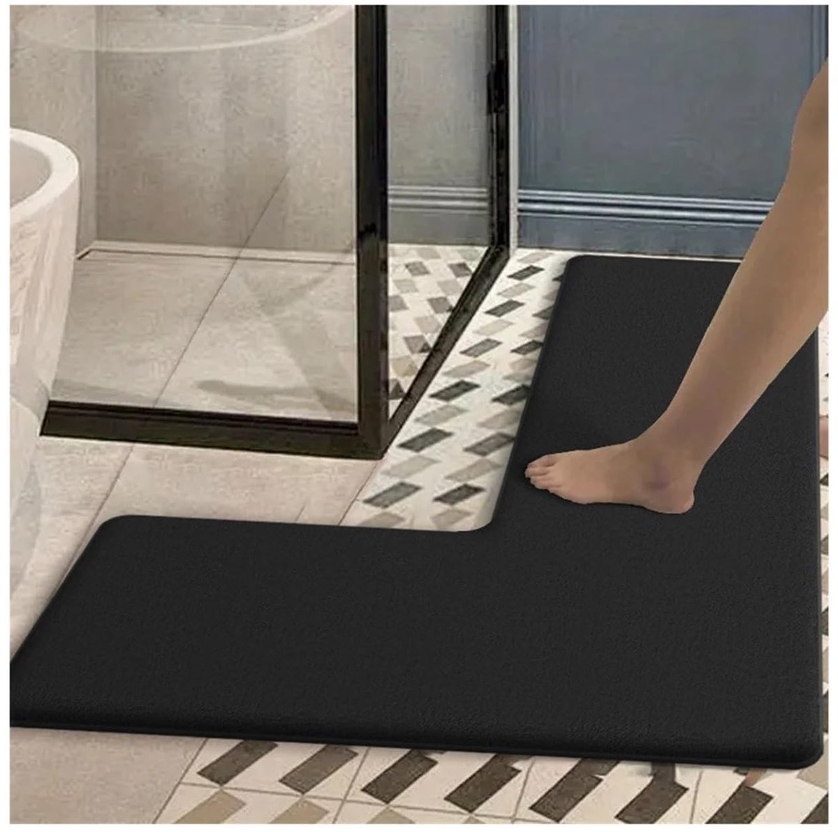 L-vormige badmat - Absorberend en antislip - Zwart 120 x 80 x 45 cm