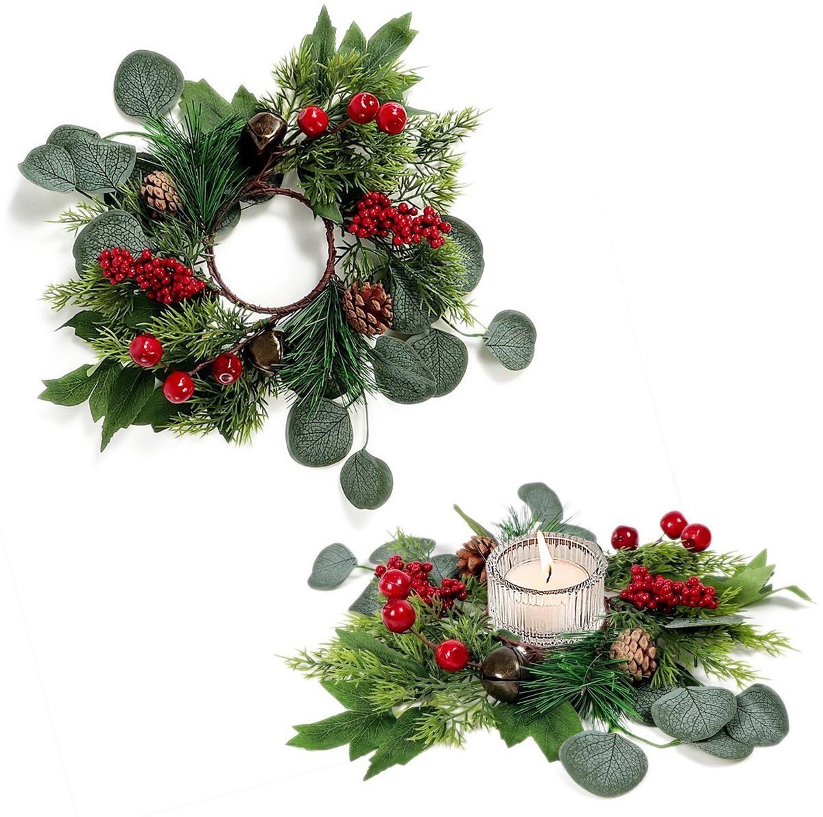 Set van 2 Kunstmatige Kerst Kaarsringen - Eucalyptus Bessen en Dennenappels - Rood