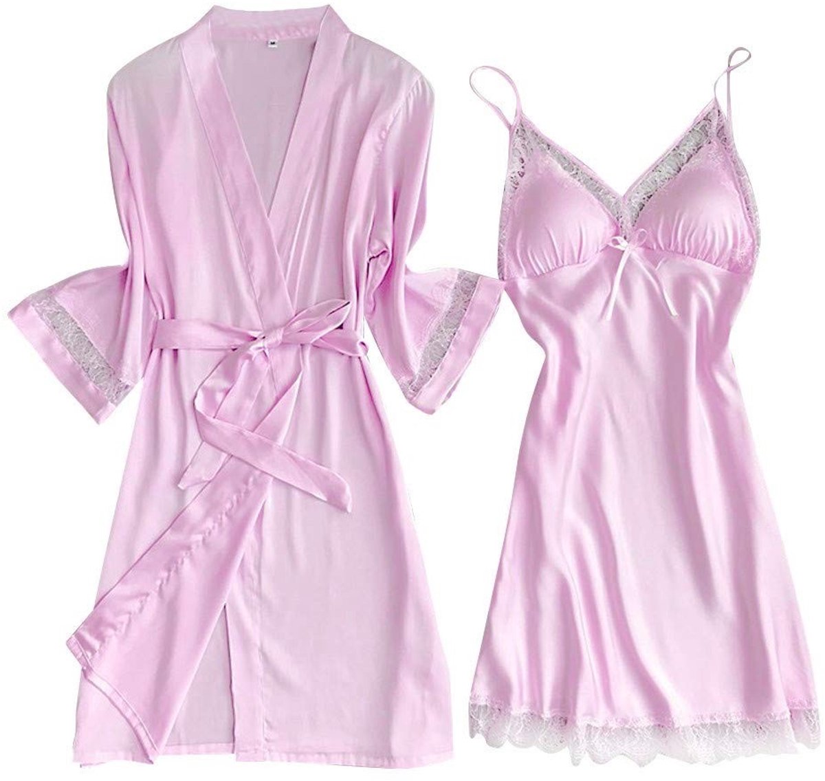 Satijnen badjas voor dames - Korte nachtkleding met bandjes - Roze