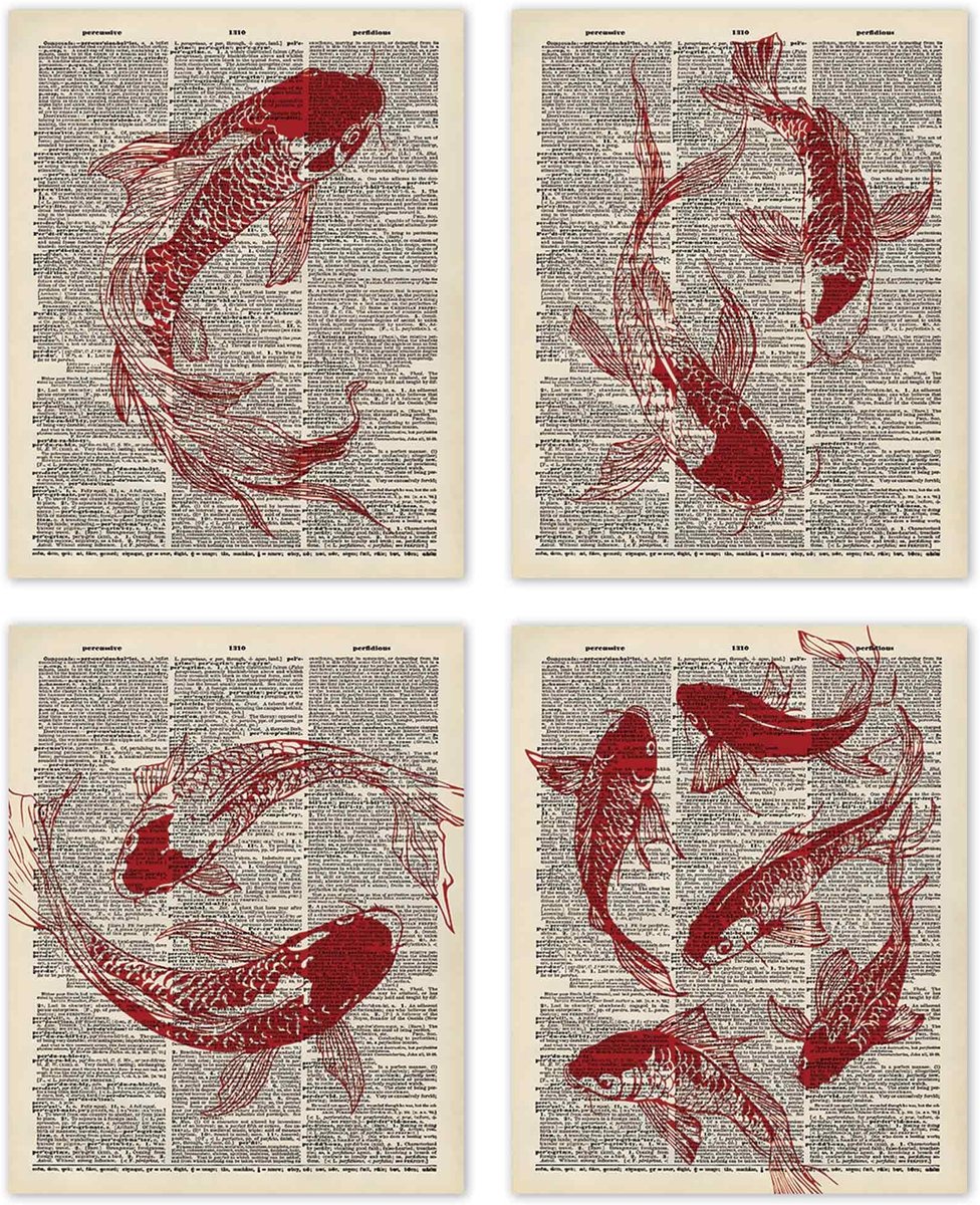Wanddecoratie Koi Vissen - Retro Kleuren - 8x10 inch