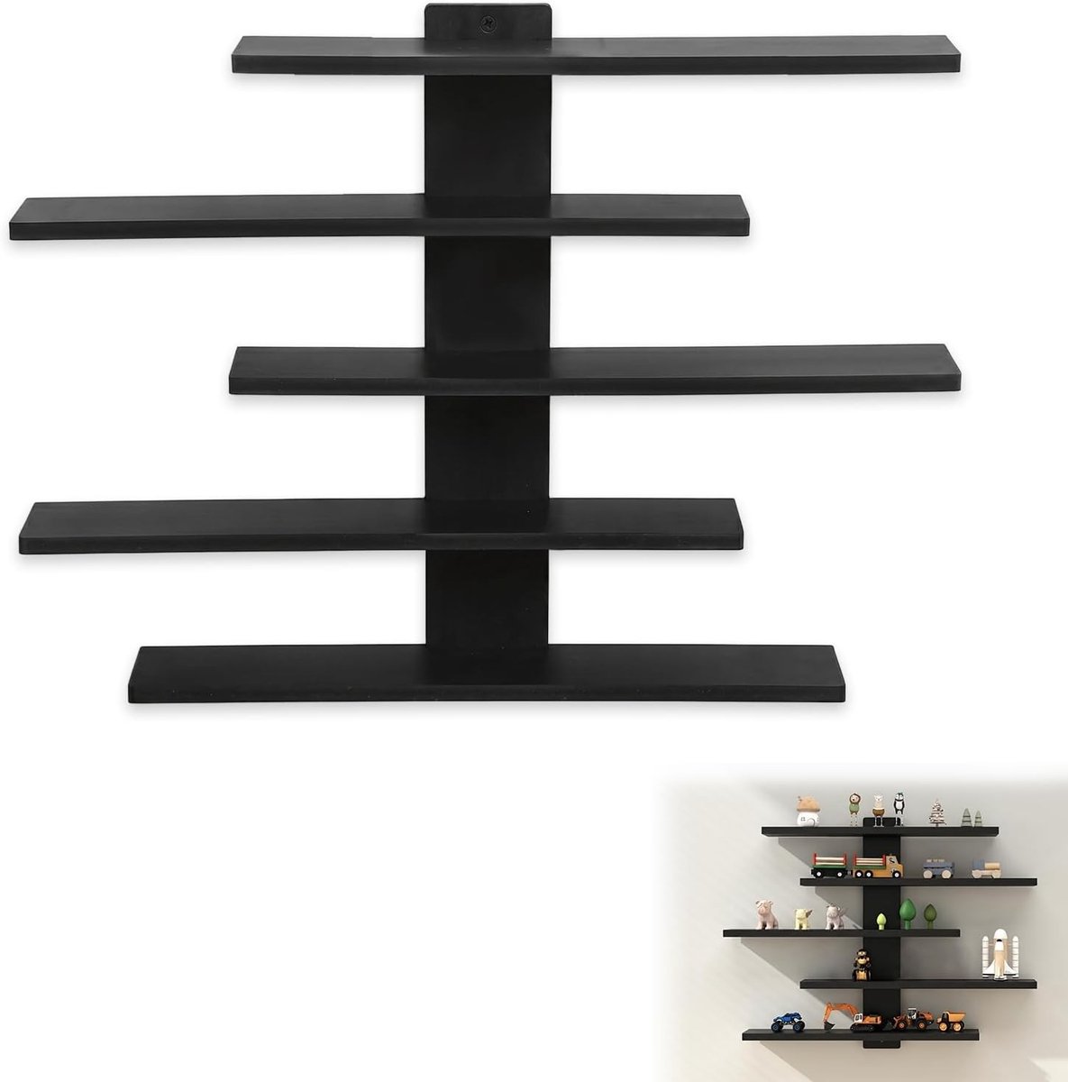 Zwarte Wandplank zonder Boren voor Decoratie - Vijf Niveaus voor Verzamelobjecten, 37 x 37 x 6 cm, Ideaal voor Kleine Ruimtes